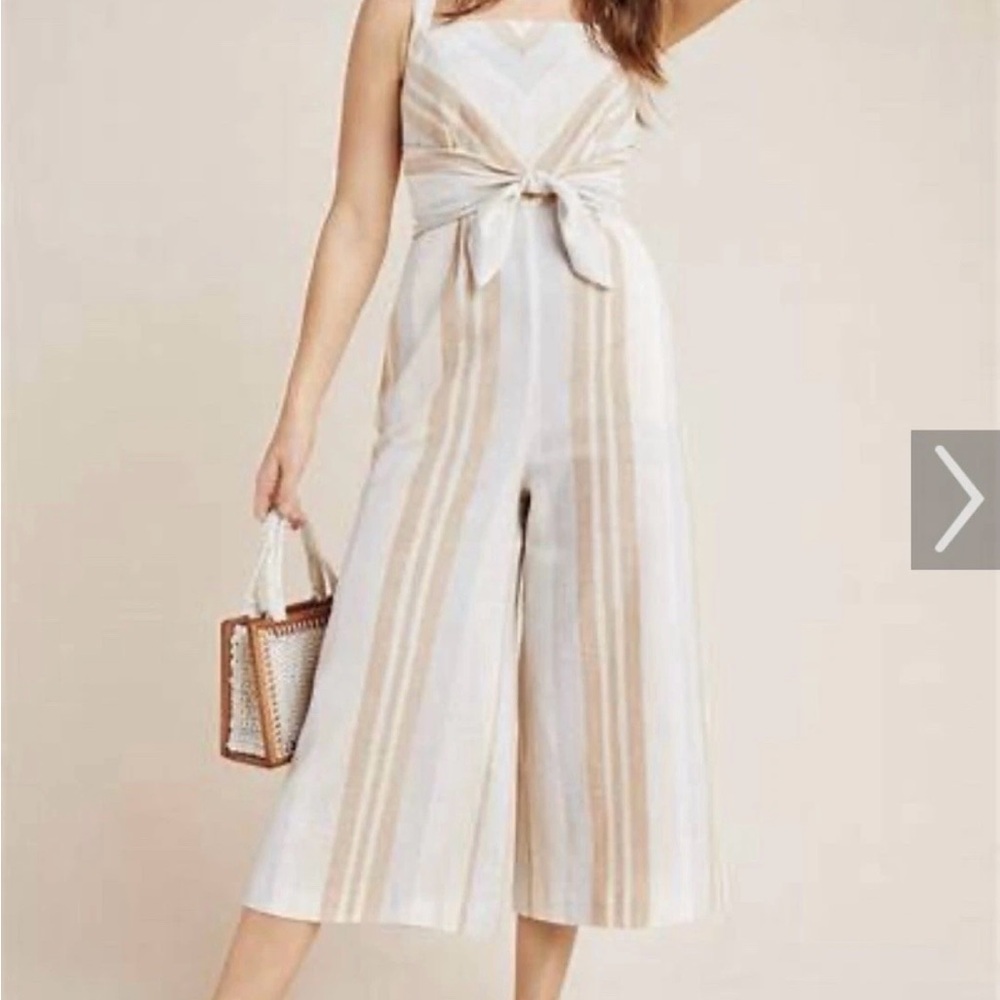 Anthropologie Romper savannah striped 14 Cream Tan Linen Blend